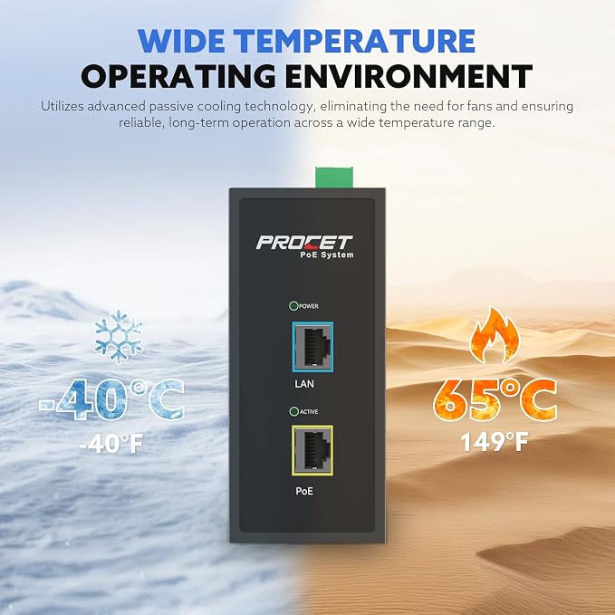 PROCET 10 Gbps Gigabit PoE+ Injector Din Rail, 30W Industrial PoE Adapter - Image 5