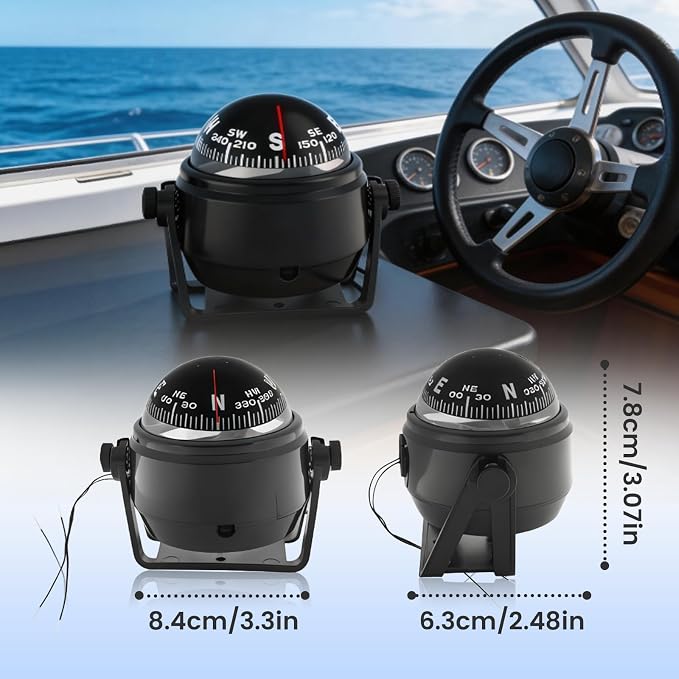 Boat Compass with Magnetic Declination Adjustment, Pivoting Marine Compass - Image 2