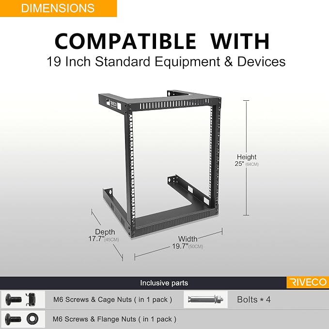 RIVECO 12U 19" Wall Mount Server Rack – 17.7" Deep 2 Post Open Frame Cabinet - Image 5
