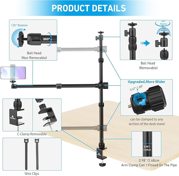 Ailight Overhead Camera Mount Desk Stand, 15.75"-33.45" Webcam Mount - Image 5