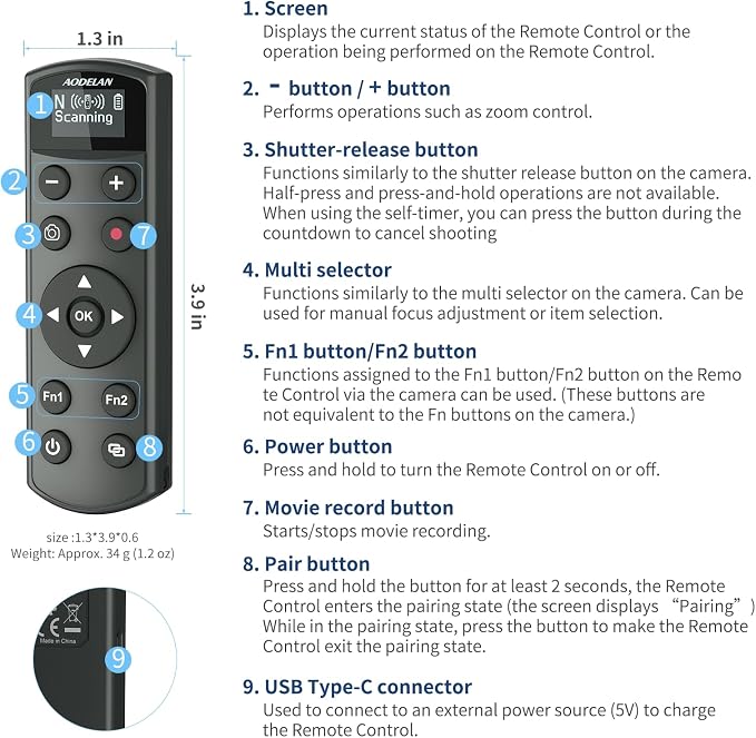 Rechargeable Shutter Release for Nikon AODELAN Wireless Camera Remote Control - Image 5