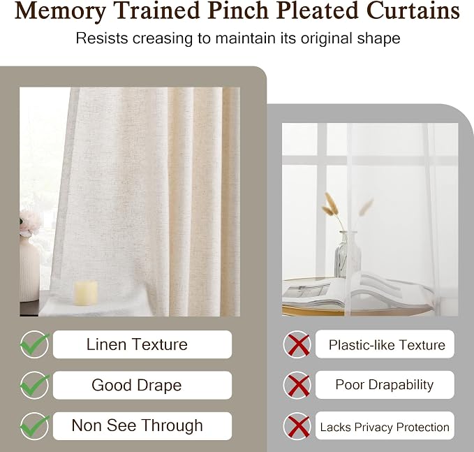 Memory Trained Pinch Pleated Curtains 45 Inches Long, Viral Linen Pinch Pleat - Image 6