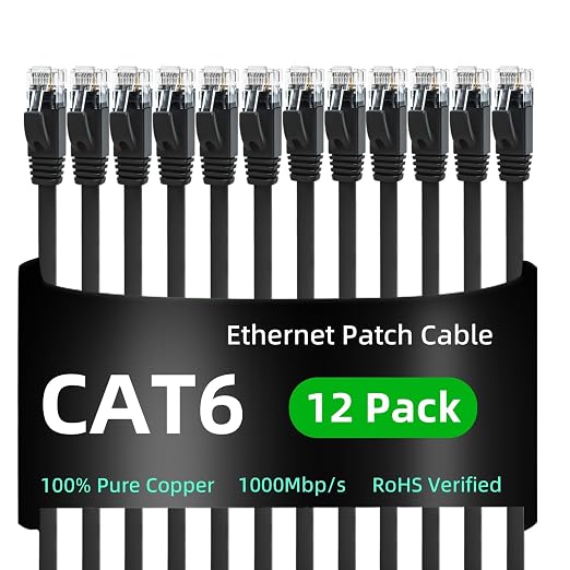 Yauhody CAT 6 Ethernet Cable 1.5ft 12-Pack Black, High Speed Solid Flat CAT6 by Yauhody