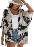 Women's Floral Print Puff Sleeve Kimono Cardigan Loose Cover Up Casual Blouse by CHICGAL