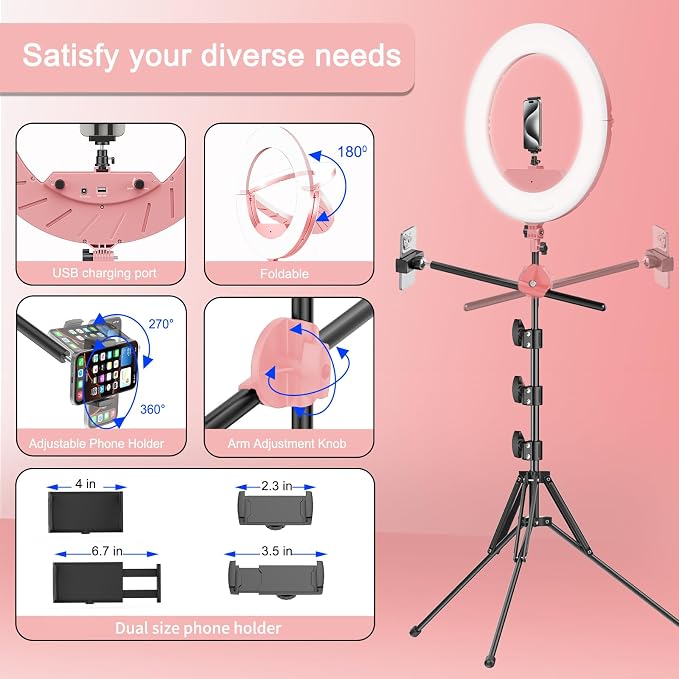 55W18 45cm Ring Light Kit 6700K Dimmable LEDRinglightTripod Stand Dual Phone - Image 6