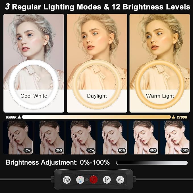 10.3" Selfie Ring Light with Stand and Phone Holder, 96 RGB Lighting Modes - Image 2