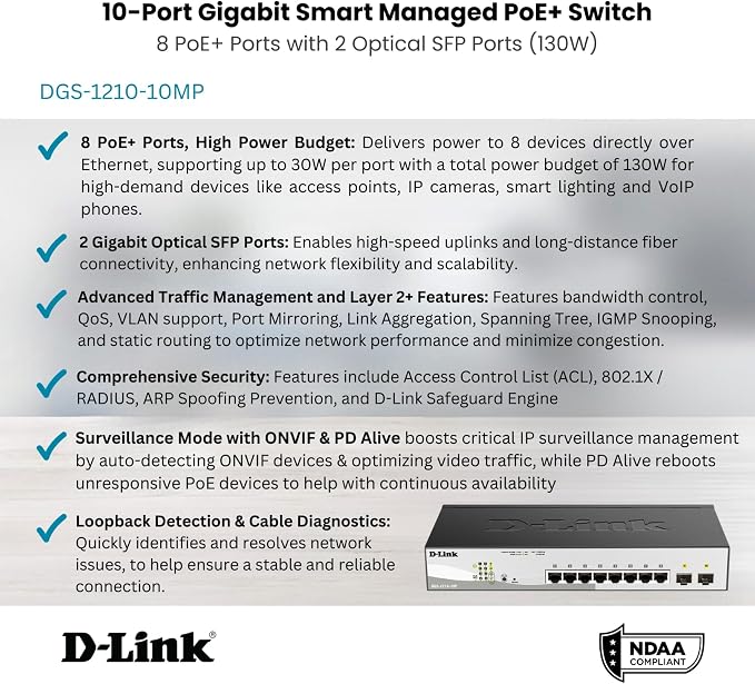 D-Link 10-Port Gigabit Smart Managed PoE+ Switch | 8 PoE+ Ports + 2 SFP Ports | - Image 5
