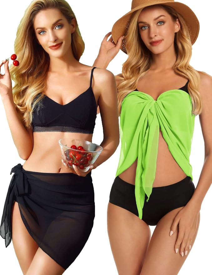 CHICGAL 2 Pieces Women Beach Sarong Bathing Suit Wrap Skirt Sheer Bikini - Image 3