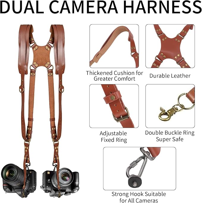 Camera Harness, Leather Dual Camera Strap - Image 3