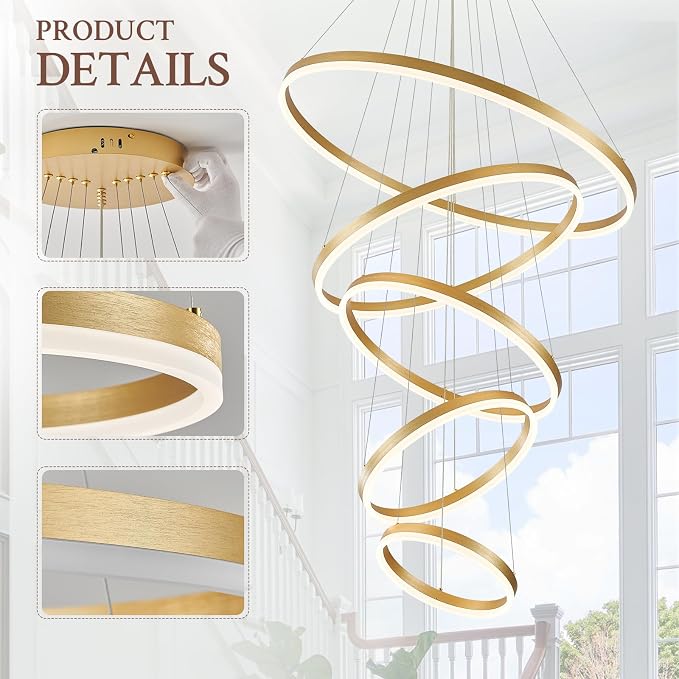 5-Rings D31.5in Modern LED Chandelier Gold Dimmable High Ceiling Chandeliers - Image 6
