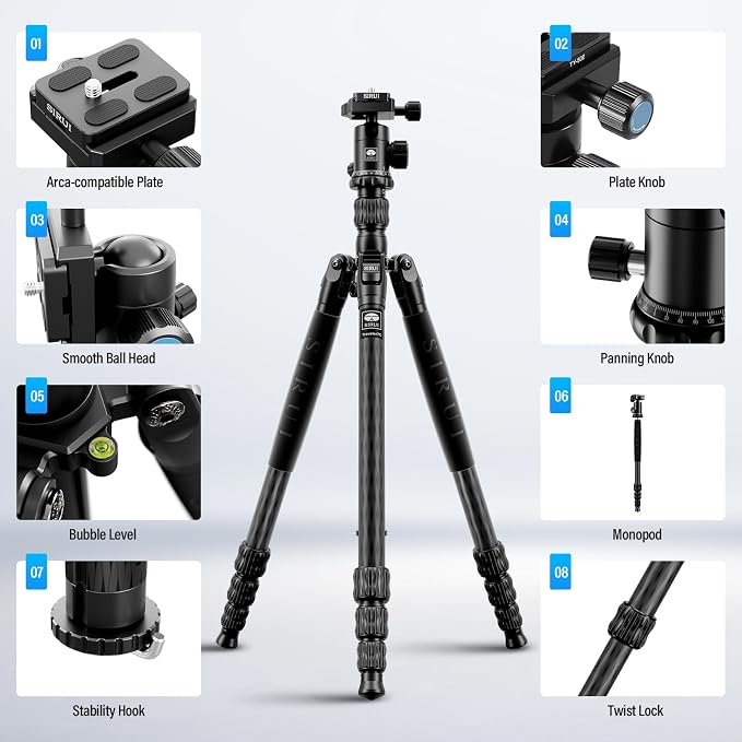 SIRUI Traveler 7C Camera Tripod 65.55 inches Carbon Fiber Arca Tripod - Image 2