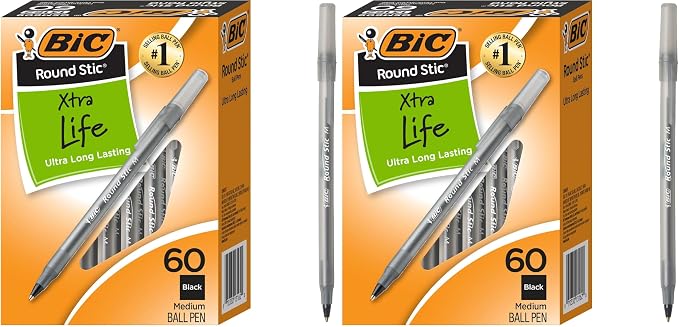 BIC Round Stic Xtra Life Ballpoint Pens, Medium Point, 60-Count Pack, Flexible by BIC