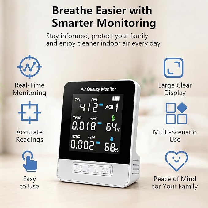 6-in-1 Air Quality Monitor, Smart Indoor CO2 Detector & HCHO TVOC AQI Tester - Image 6