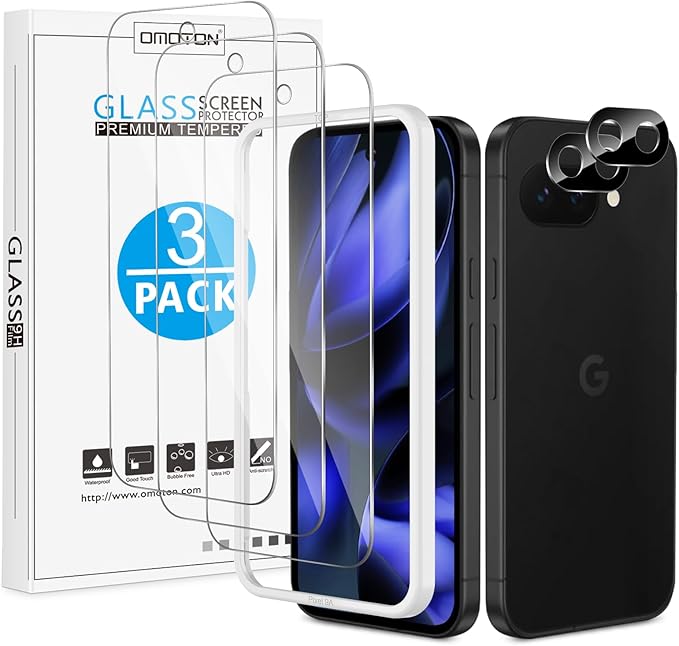 OMOTON 3+2 Pack for Google Pixel 9a Screen Protector 6.3 inch, 3 Pack Tempered by OMOTON