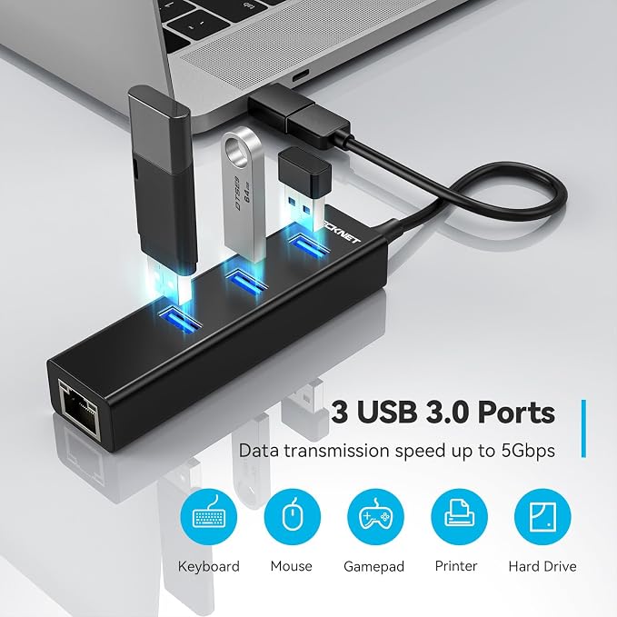 TECKNET USB C to Ethernet, Aluminum 3 Port USB 3.0 Hub - Image 3