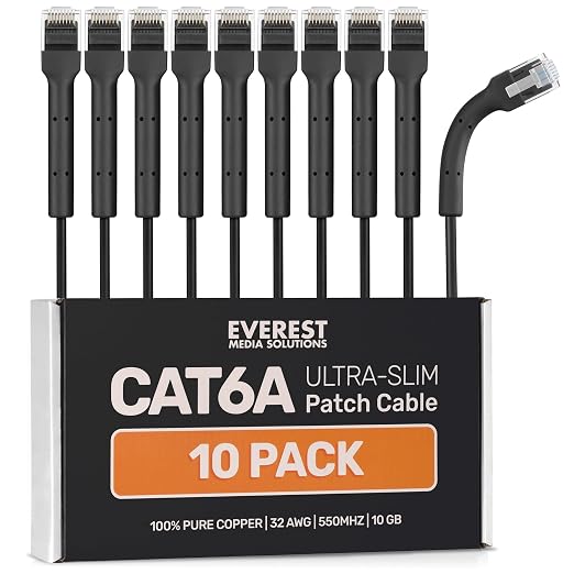 Everest Ultra Slim Cat6a Ethernet Patch Cables 10ft Black by EverestMediaSolutions