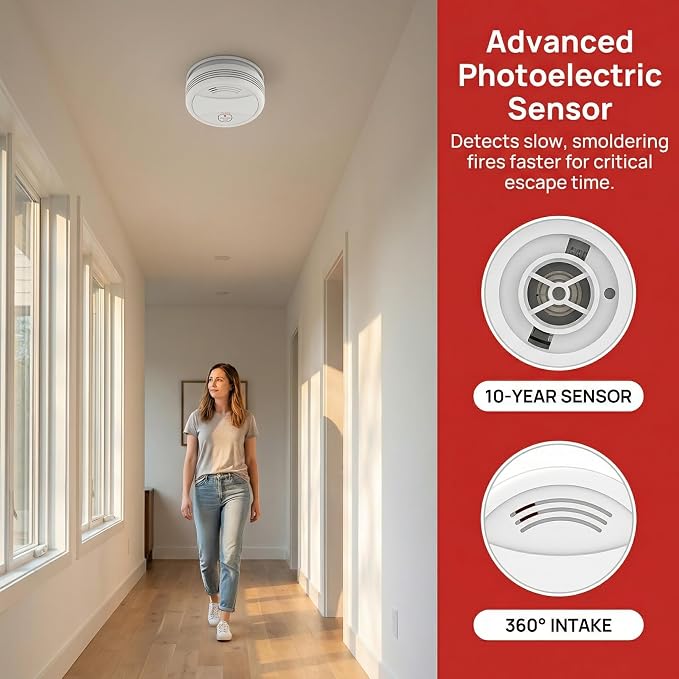 12 Pack Photoelectric Smoke Detector, 10-Year Battery Operated Fire Alarm - Image 4