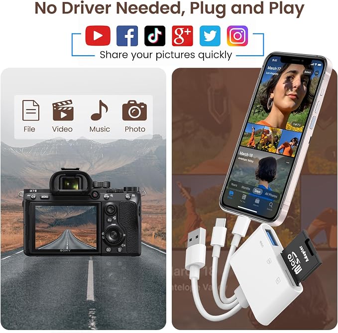 SD Card Reader for iPhone iPad Mac, 3-in-1 Lightning/USB-C/USB-A MicroSD/SD - Image 7