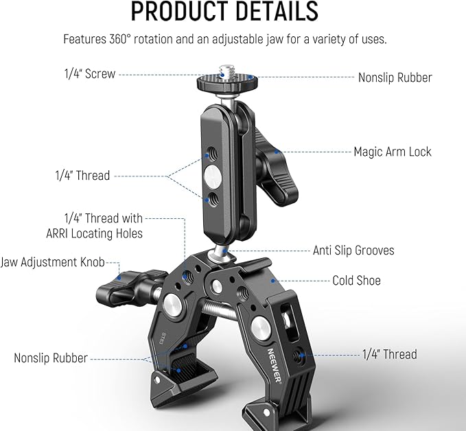 NEEWER Super Clamp with 3" Dual Ballhead Magic Arm, Cold Shoe, 1/4" Threads - Image 2
