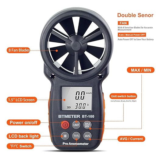 BTMETER BT-100 Handheld Anemometer, Digital Wind Speed CFM Meter Gauge Air Flow - Image 4