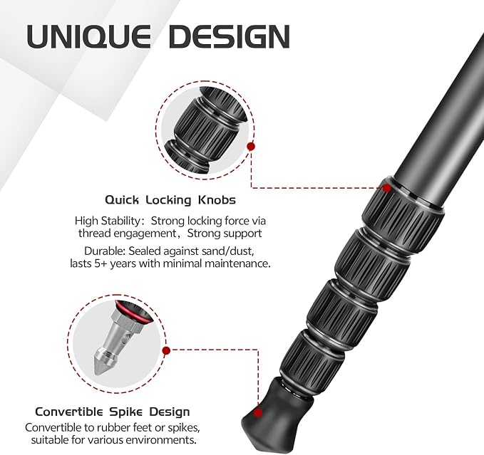 TONYBOO 61” Aluminum Camera Monopod, Lightweight & Portable, 5-Section Travel - Image 4