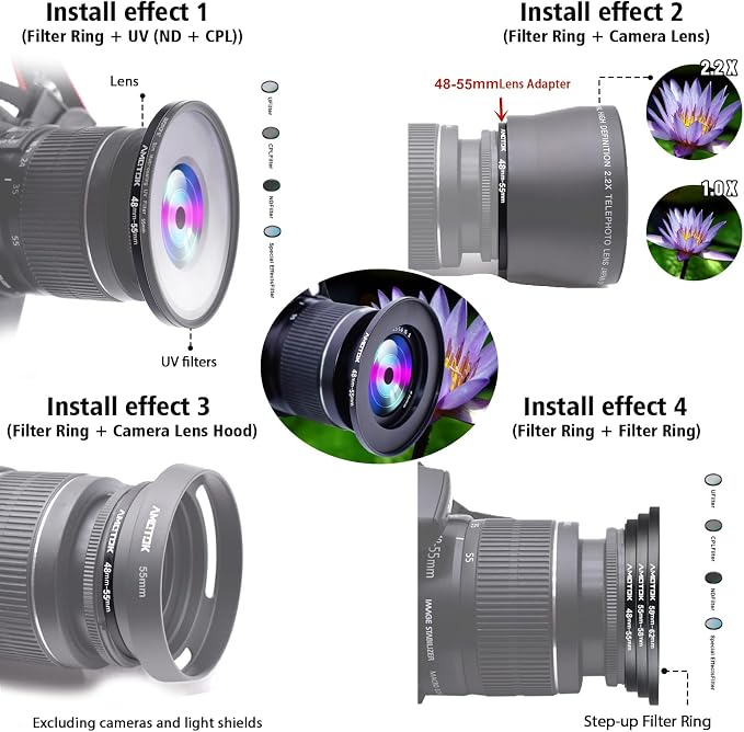48mm Lens to 55mm Camera Lens Adapter, 48mm-55mm Filter Step up Rings, - Image 6
