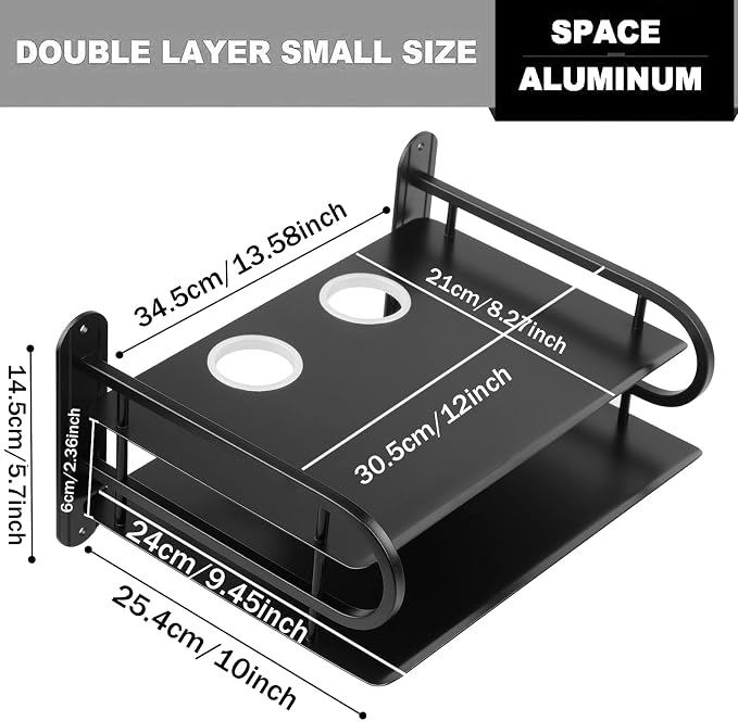 Black Metal Double Wireless WiFi Router Storage Box Wall Hanging Shelf - Image 2