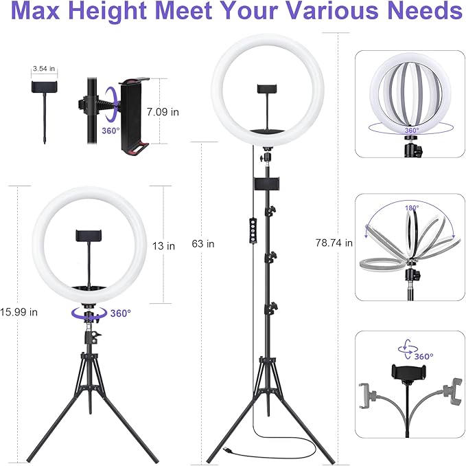 12" Selfie Ring Light with 75" Tripod Stand & 2 Phone Holder, LED Camera - Image 6