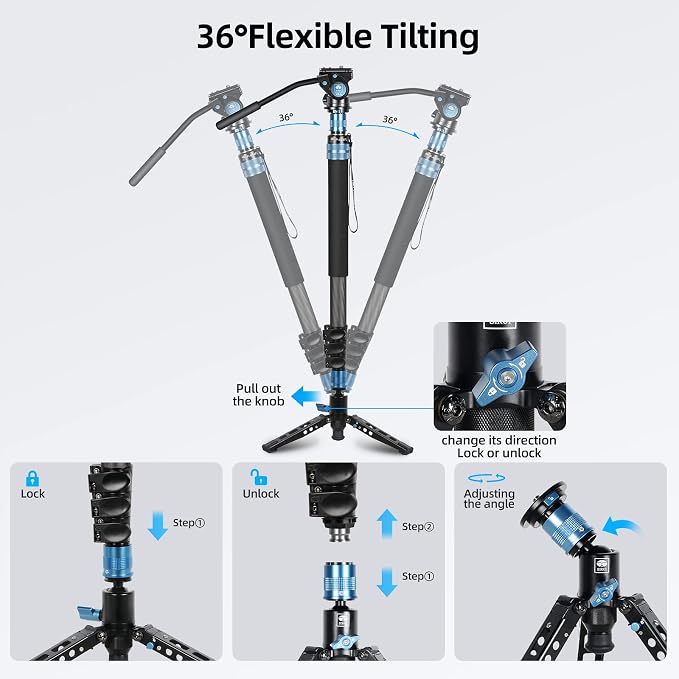SIRUI P-424FL Carbon Fiber Camera Monopod Kit, Tripod Base, Flip Locks - Image 9
