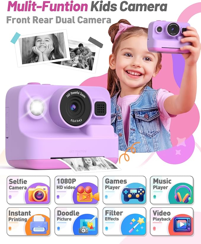 Yehtta Kids Camera Instant Print, Dual-Lens Front Rear Selfie Camera - Image 2