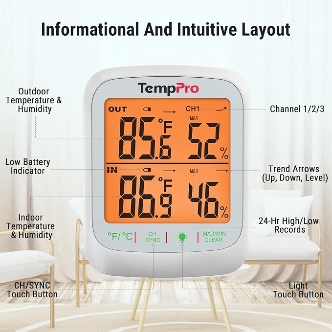 TempPro TP260B Indoor Outdoor Thermometer Wireless 1000FT Range, Digital - Image 5