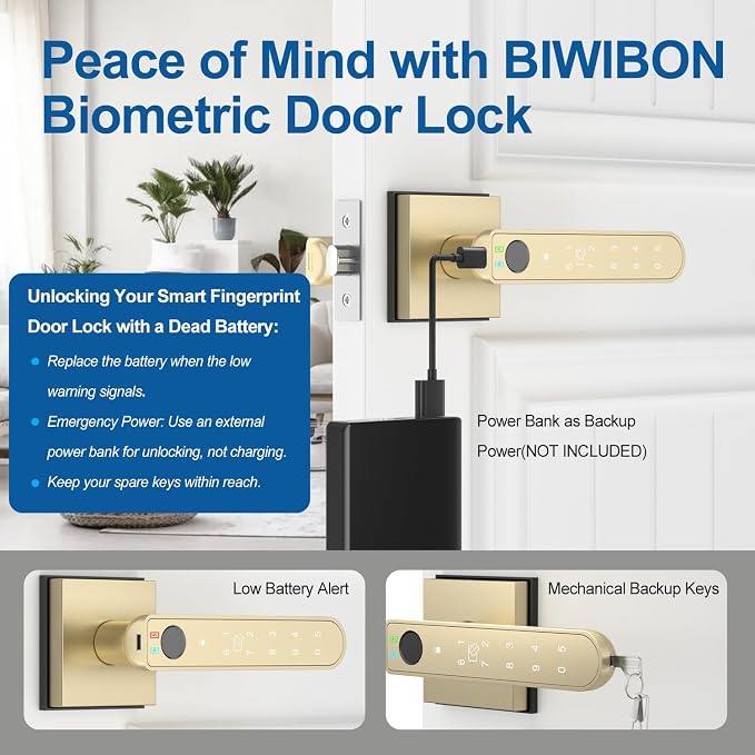 BIWIBON Fingerprint Door Lock, 5 in 1 Finger Print Door Knob - Image 6