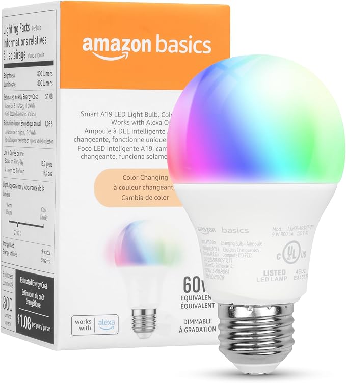 Amazon Basics Smart A19 LED Light Bulb, Color Changing, Works by AmazonBasics