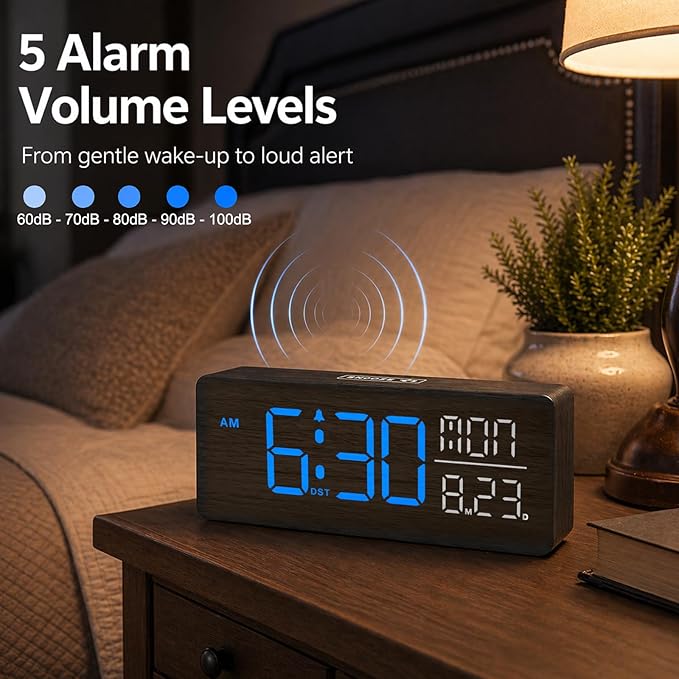 Peakeep Wooden Digital Alarm Clock Large Display, Textured Decoration - Image 6
