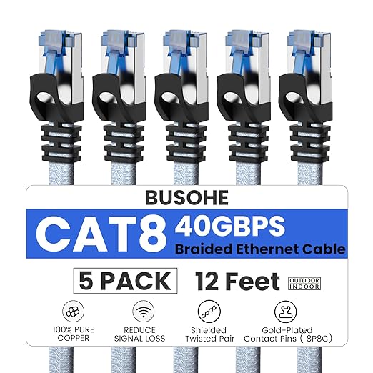 BUSOHE Cat 8 Ethernet Cable 12 FT 5 Pack, Nylon Braided High Speed Heavy Duty by BUSOHE