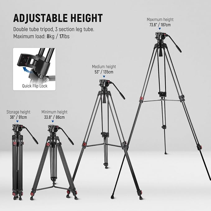 NEEWER 74" Video Tripod with Fluid Head & Damping Control, Aluminum Heavy Duty - Image 2