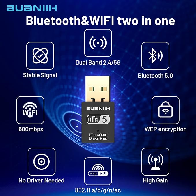 WiFi Adapter for Desktop PC, USB WiFi Adapter, Dual Band 600Mbps 2.4/5.8Ghz - Image 2