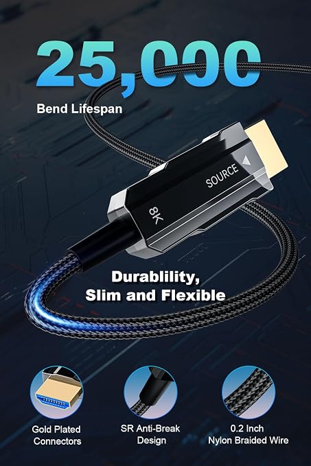 8K Long HDMI 2.1 Cable 66ft, Fiber Optic HDMI Braided Cord, High Speed Active - Image 8