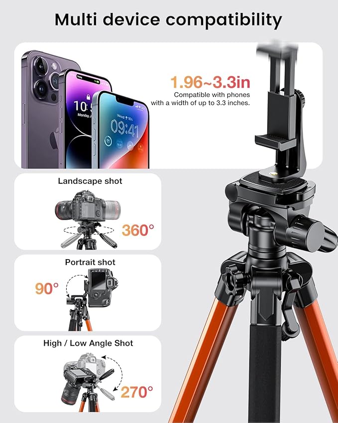 CAMBOFOTO 74"-Camera-Tripod, Professional Aluminum Heavy Duty Tripod Stand - Image 5