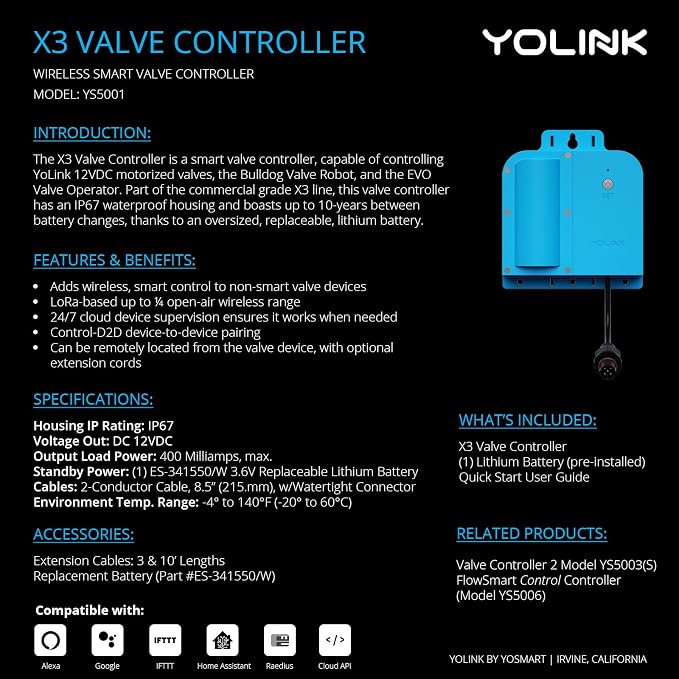 YoLink X3 Valve Controller Kit, 1/2" Brass Motorized Ball Valve, LoRa Long Range - Image 2