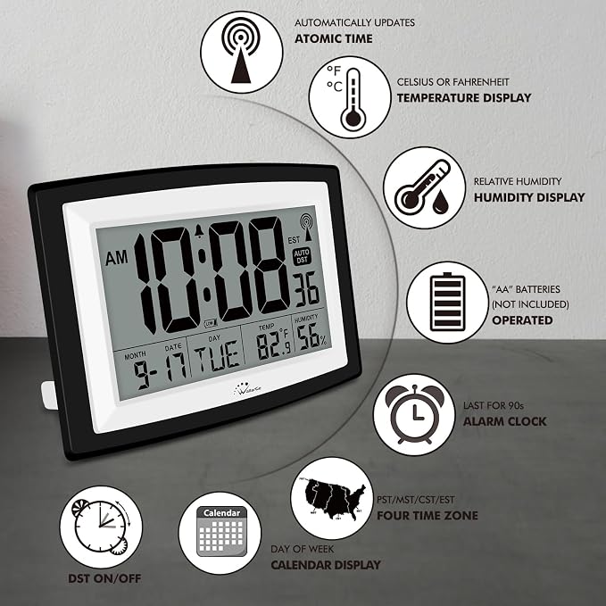 WallarGe Atomic Clock with Indoor Temperature and Humidity, 12.5 Inch - Image 6