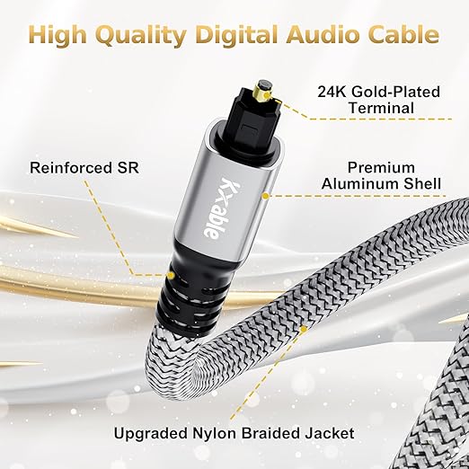 Kxable Optical Audio Cable 20 FT, Digital Audio Cable, Toslink Fiber Optic Cord - Image 2