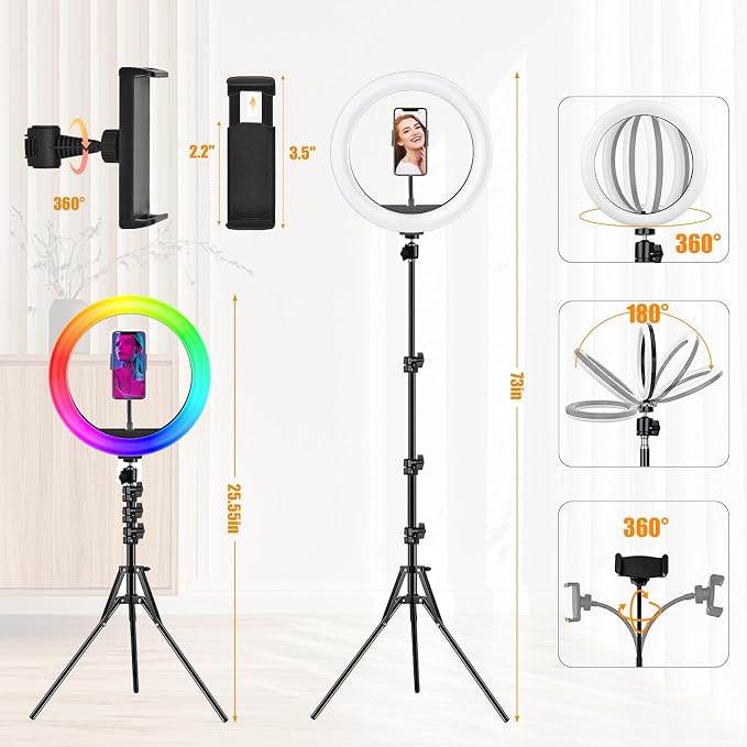 12.3" Ring Light with Stand & Phone Holder Tall 75", 51 Color Modes Circle - Image 4