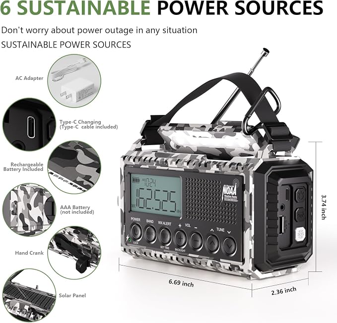 Emergency Radio 12000mAh AUTO NOAA Weather Radio, Solar Hand Crank Portable - Image 3