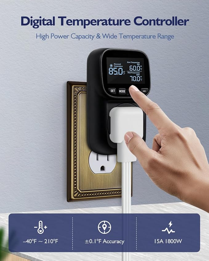 Temperature Controlled Outlet, Heavy Duty 15A 1800W Heating Cooling Thermostat - Image 2