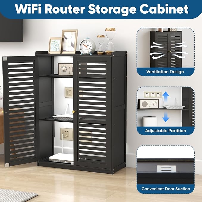 WiFi Router Storage Cabinet, Double Deck Floor Standing Modem Cabinet, Bamboo - Image 6