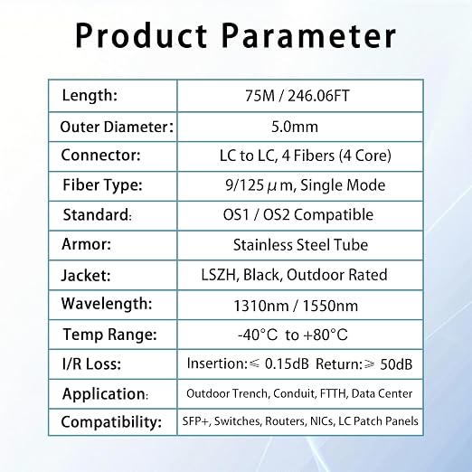 75M/246FT Outdoor Armored LC to LC Fiber Optic Cable, 4 Core OS2 Single Mode - Image 6