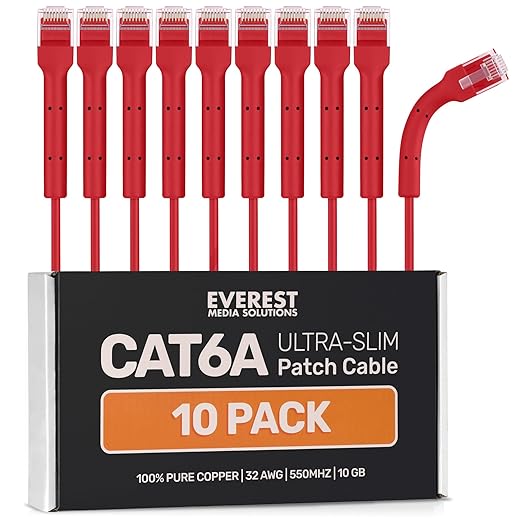 Everest Ultra Slim Cat6a Ethernet Patch Cables 5ft Red by EverestMediaSolutions