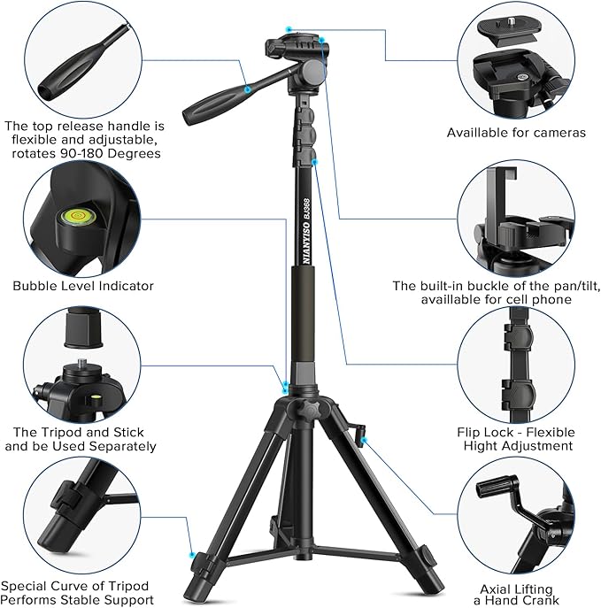 Camera Tripod 69 Inch, Patented 3-Way Swivel Portable Phone Tripod Professional - Image 5