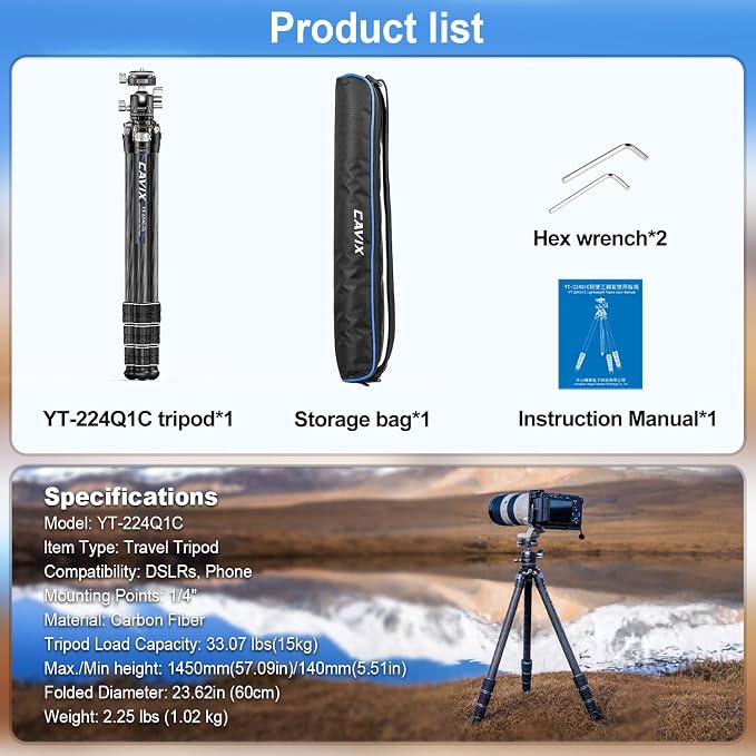 CAVIX 57"/145cm Carbon Fiber Tripod, Lightweight Tripod - Image 8